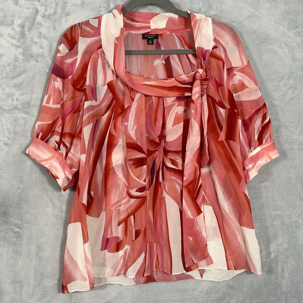 Womens Blouse Short Sleeve Top Flowy Floral Sheer Tie Neck Red White 1X‎ Career